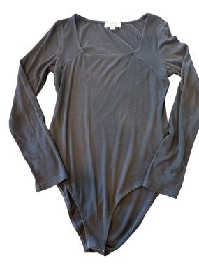 Kaileigh Black Ribbed Long-Sleeve Square-Neck Bodysuit